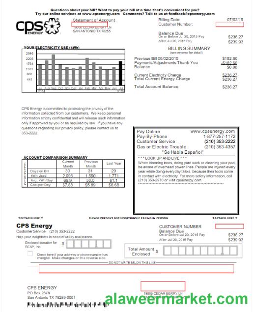 USA CPS ENERGY utility bill Word and PDF template